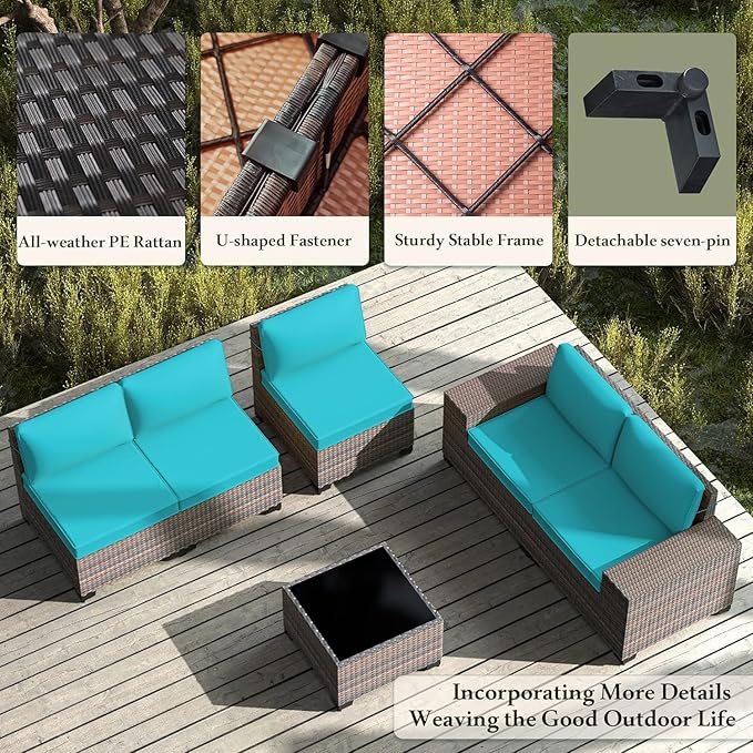 12 PCS Outdoor Patio Furniture Set,Outdoor Sectional Furniture All Weather PE Rattan Wicker Patio Conversation Set with 2 Coffee Tables and 10 Thickened Cushions,Turquoise Blue