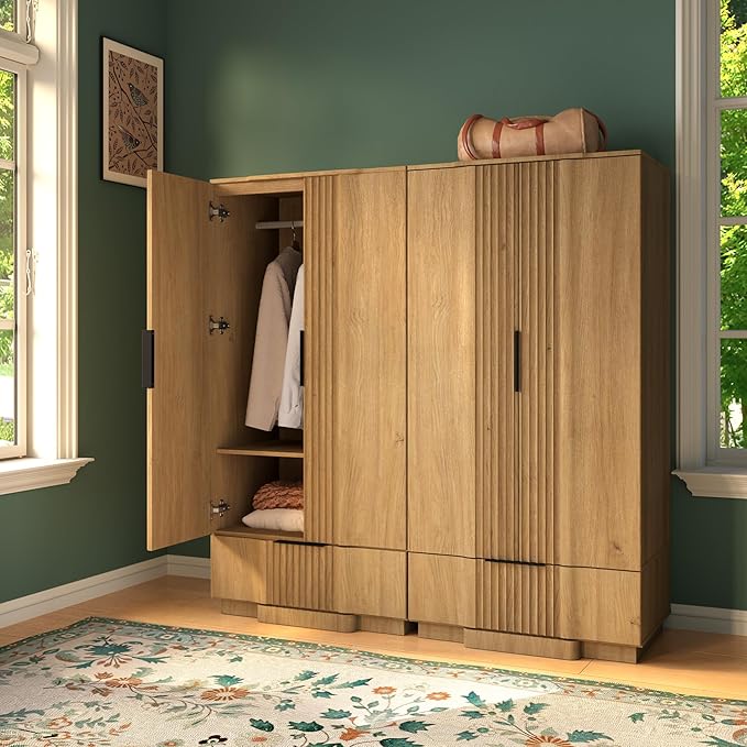 Yechen 67" Fluted Armoire Wardrobe Closet Set of 2 with Doors and Drawer, Wooden Wardrobe Closet Cabinet with Adjustable Shelve, Modern Small Armoires Storage Clothes, Coats for Bedroom, Natural, 2pcs