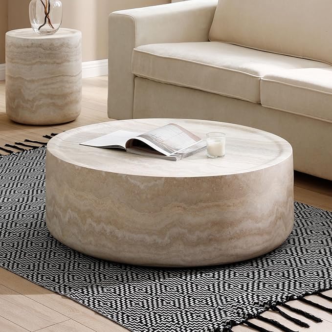 Modern Round Coffee Table Set of 2 for Living Room, Circle Coffee Table Side Table Set, Faux Mars Marble Pattern Center Table End Table Set for Apartment (Marble, 31.49+15.74)