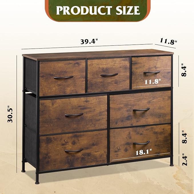WLIVE 7 Drawer Dresser TV Stand, Entertainment Center, Media Console Table with Metal Frame and Wood Top for TV up to 45 inch, Chest of Drawers for Bedroom, Living Room, Rustic Brown Wood Grain Print - Image 3