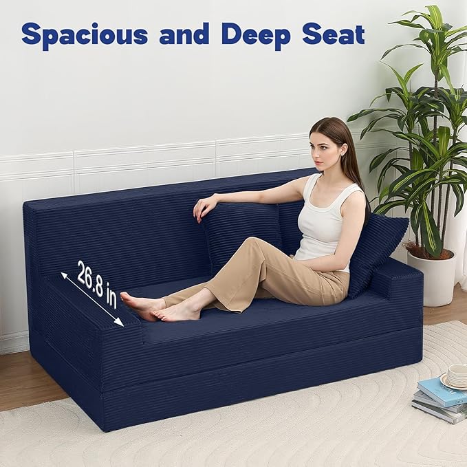 MeMoreCool Corduroy Boneless Sofa Bed Queen – Folding Futon Couch with High-Density Foam, Convertible Floor Sleeper & Pillow, Machine-Washable Cover for Guest Room, Bedroom, Small Apartment