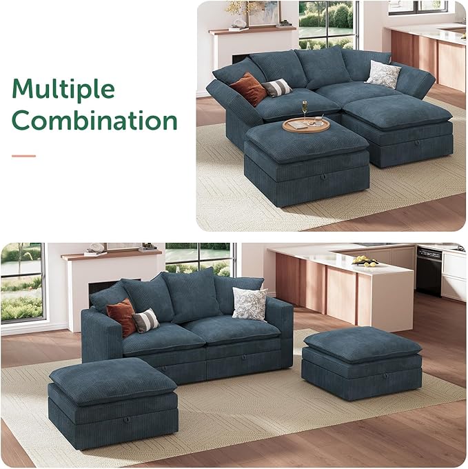 HONBAY Modular Sectional Sleeper Sofa, Corduroy 4 Seater Couch with Storage, Sectional Sleeper Couches for Living Room, Blue