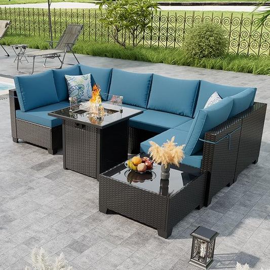 8 Piece Outdoor Patio Conversation Furniture Sets Sectional Wicker Set with 28in Fire Pit Table, 50000 BTU Propane Firepit for Garden Lawn Pool or Backyard, Coffee and Peacock Blue