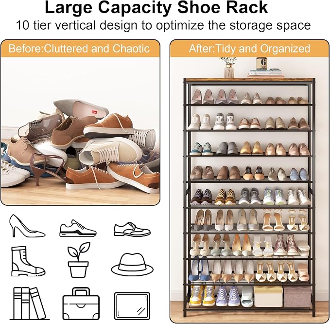 HOMEFORT 10 Tiers Shoe Rack Organizer,39.4" Shoe Storage Shelf for Closet, Shoe Rack for Entryway,Holds 45-50 Pairs of Shoe, Tall Shoe Stand with Metal Shelves and MDF Top Board,Rustic Brown - Image 5