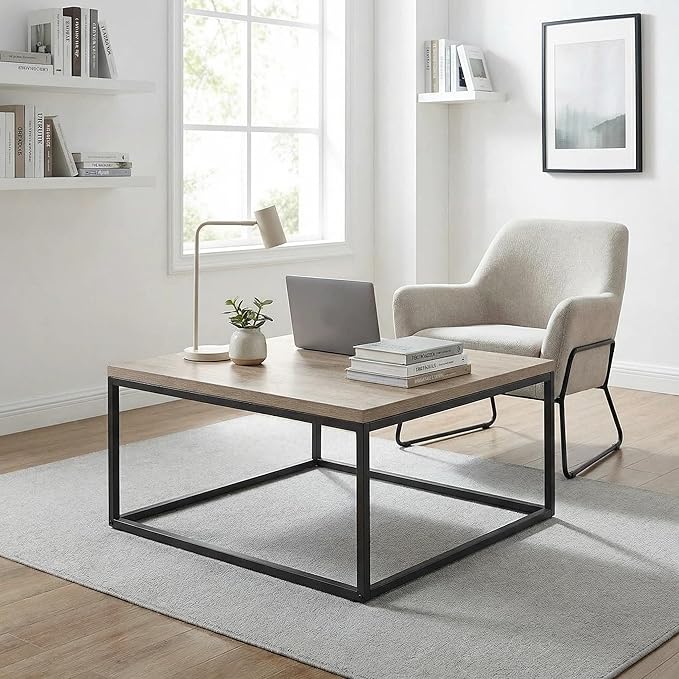 CENSI 30" Square Coffee Table, Grey Wash French Oak Wood Center Table for Living Room, Modern Industrial Metal Frame, Extra Thick 1.2" Top, Rustic Farmhouse Cocktail Table, Easy Assembly