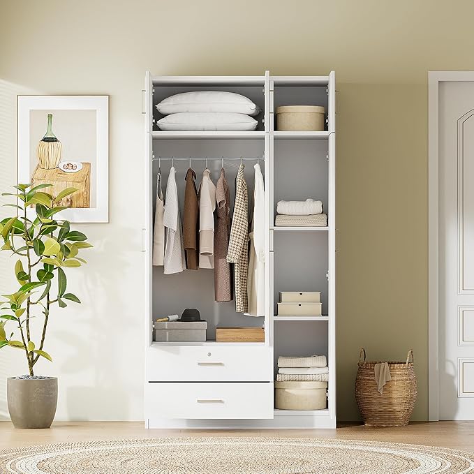 Merax 3 Doors Wardrobe with Mirror Door and Top Cabinet, Wooden Closet Wardrobe Organizers with Hanging Rail, 2 Drawers and 4-Tier Storage Shelves for Bedroom, Laundry Room, White