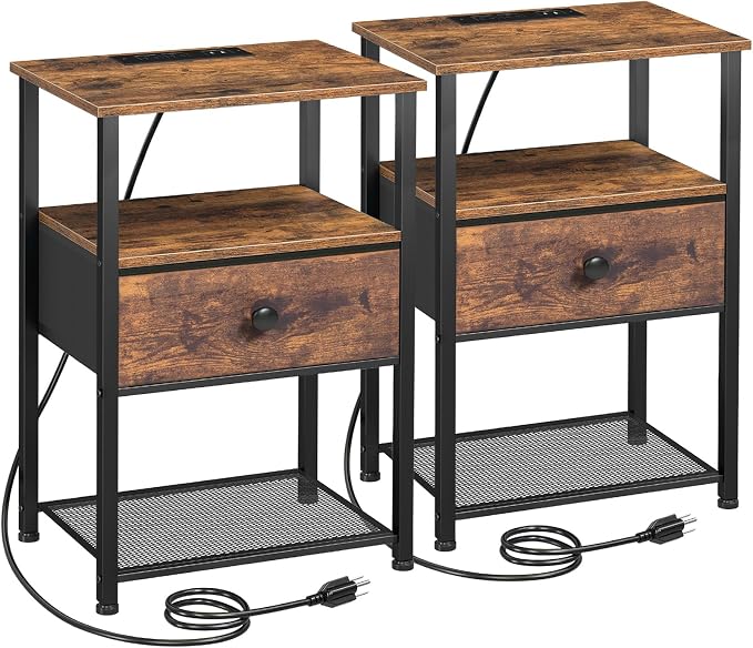 LOAKEKEL Night Stand Set 2, Nightstand with Charging Station, End Tables Living Room with Fabric Drawer for Small Spaces, Bed Side Tables with Storage Shelf for Bedroom, Rustic Brown HETS010PBR by LOAKEKEL