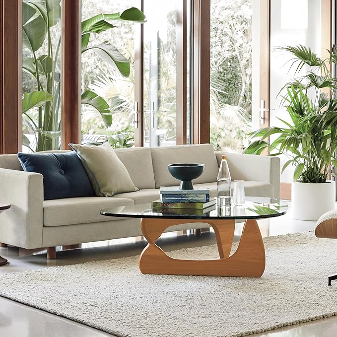 Triangle Glass Coffee Table Vintage Glass End Table, Solid Wood Base and Triangle Clear Glass Top Modern End Table for Living Room, Patio, Study (Light Walnut)