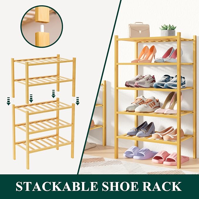 Smiry Bamboo Shoe Rack for Closet, 2 Tier Small Wooden Stackable Shoe Organizer, Free Standing Shoes Storage Shelf for Entryway, Front Door Entrance, Natural - Image 4