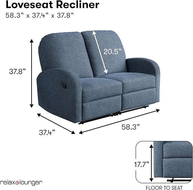 Relax-A-Lounger® Palmdale 58.3" Rocker Manual Pull-Handle Loveseat Recliner, Soft Modern, Pocket Coil Comfort, Black Metal Base Leg, Soft Chenille Fabric, Blue