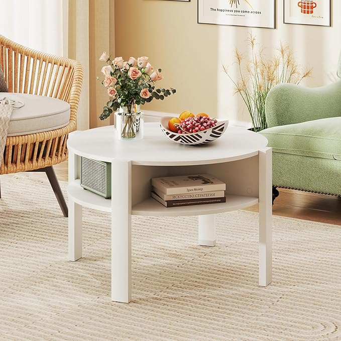 Tangkula Round Coffee Table, 29.5” 2-Tier Circle Cocktail Center Table with Storage Shelves, for Small Spaces, Living Room (White)