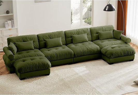 KEIKI 166" U-Shaped Oversized Velvet Modular Sectional Sofa with 2 Ottoman, High-Density Foam Cushions and Bolstered Armrests, Upholstered 4-Seater Cloud Couch with 6 Pillow, for Living Room, Green