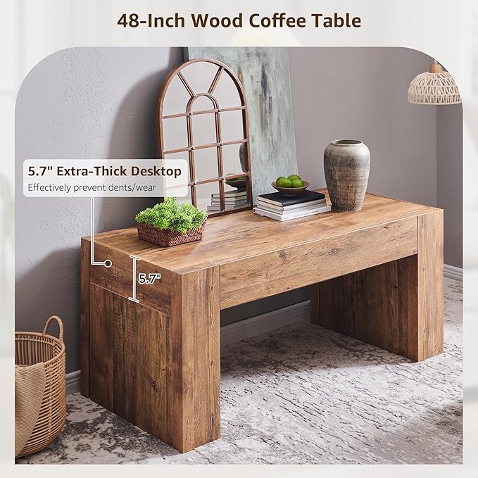 OKD 48" Modern Farmhouse Coffee Table, Wooden Living Room Table with Hidden Storage Drawer, Rustic Rectangular Center Tables w/Wood Thick Design for Living Room, Office, Gold Rustic Brown