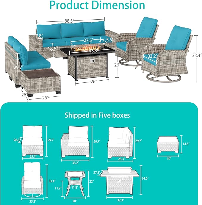 10-Piece Outdoor Patio Furniture Set with Rocking Swivel Chair, PE Wicker Rattan Sectional Sofa Patio Conversation Set with 55,000 BTU Fire Pit Table & Coffee Table, Turquoise