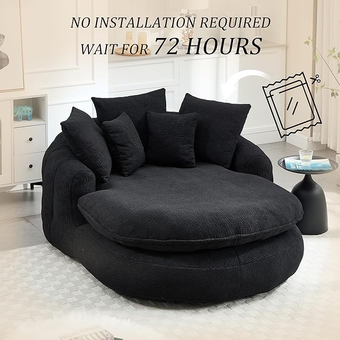 KEIKI 71" Chenille Round Boneless Sofa Couch, Oversized Chaise Lounge Chair Couches Indoor, No Assembly Required Floor Lazy Bean Bag, Modern Sleeper Sofa Bed for Living Guest Room & Bedroom, Black