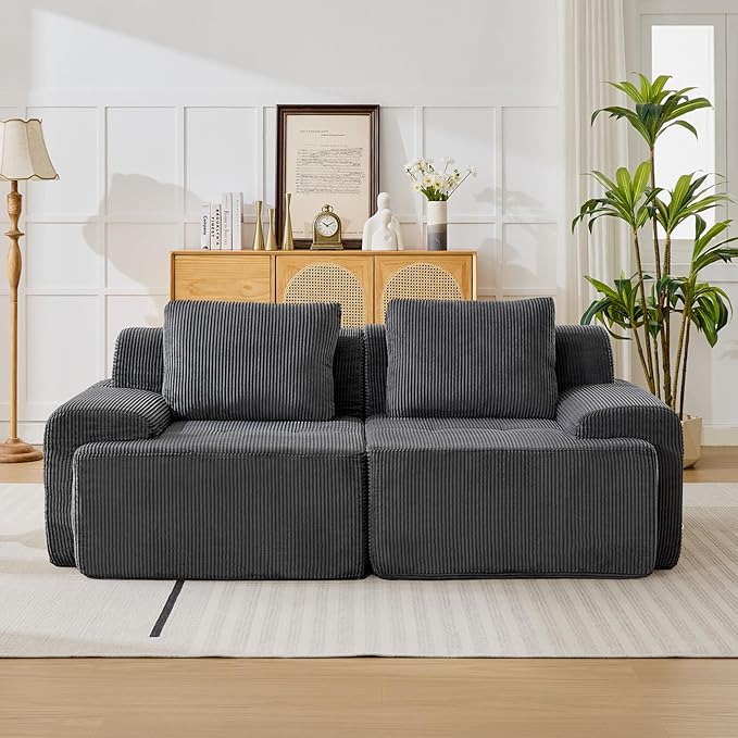 Modular Sectional Sofa, Boneless Couches for Living Room, Corduroy Couch, Big Comfy Couch, Modular Cloud Sofa with Deep Seat (Grey, 2 Pieces-Loveseat)