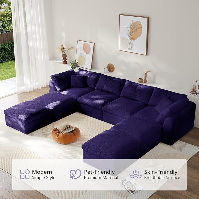 Modular Sectional Sofa Boneless Cloud Couch for Living Room, U Shape Deep Seat Recliner Sofa with Ottoman, Adjustable Backrest & 2 Throw Pillows - Covers Washable, (Purple, 4 Seater+4 Ottoman)