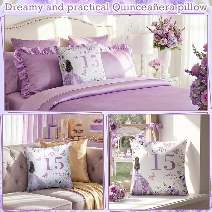 Kathfly Cojines para 15 A??os De Quincea??era Decoration 16 x 16 Inche Violet Quincea??era Pillow Gifts Mis Xv A??os Throw Pillow Sweet for Daughter Sister Friend 15th Birthday Gifts
