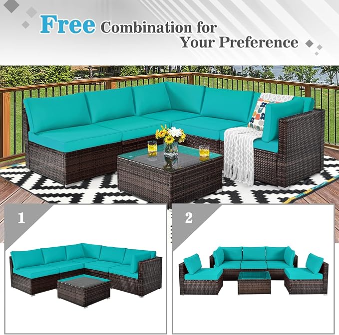 Tangkula 6 Pieces Patio Furniture Set, Outdoor Wicker Conversation Set with Glass Coffee Table, Wicker Sofa Set with Back & Seat Cushions, Rattan Sectional Conversation Set for Backyard Garden