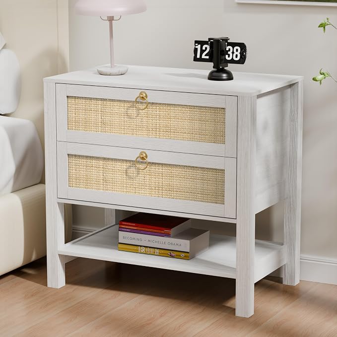 Rattan Nightstand with 2 Drawers and Storage Shelf, 26” Tall Boho Night Stand, Wood Large Bedside Table with Golden Handle for Bedroom, Side Table, White and Oak with Grey Wood Texture - Image 3
