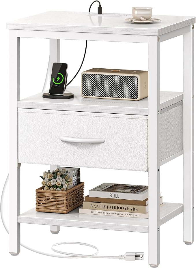 SUPERJARE Nightstand with Charging Station, Bed Side Table with Adjustable Fabric Drawer, Night Stand for Bedroom, 3-Tier Storage End Table, for Living Room, White by SUPERJARE