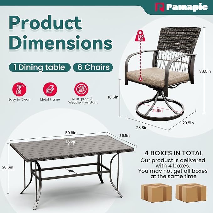 Pamapic 7-Piece Outdoor Dining Set with Swivel Rocker Chairs, Wicker Patio Furniture for 6, Poolside Garden Deck with Iron Table & Removable Cushions(Beige) - Image 5
