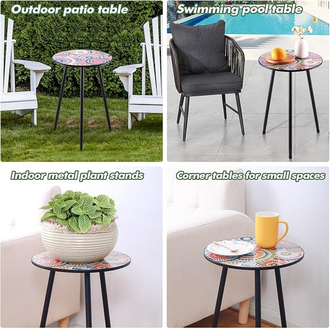 Party Zealot Metal Mosaic Round Side Table Set of Two 13.4" Small Outdoor Patio Round Accent Coffee Tables Indoor Corner Stand for Small Space Weather-Resistant for Balcony Plant Stand - Image 6