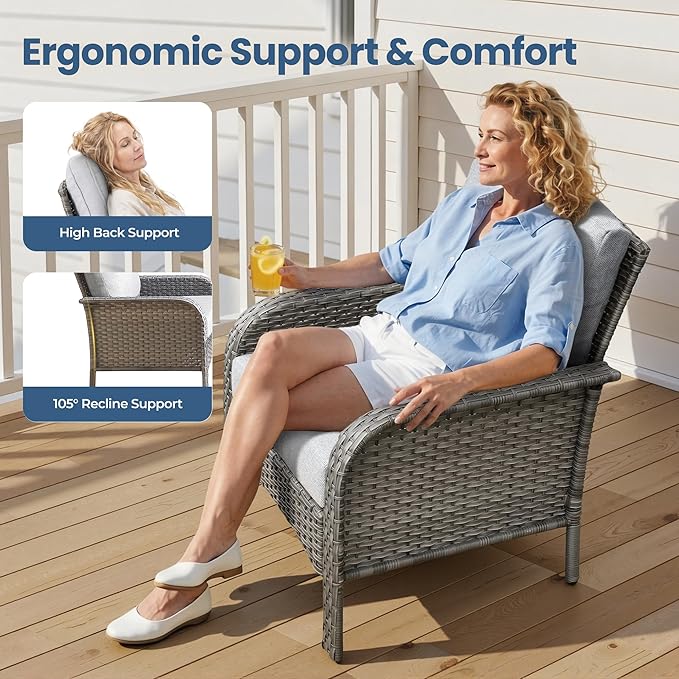 Weaxty Wicker Patio Furniture Set High Back Loveseat Sofa Couch Armchair Coffee Table, All Weather Rattan 4 Pieces Outdoor Conversation Sets for Patio Porch Deck Backyard Poolside, Gray