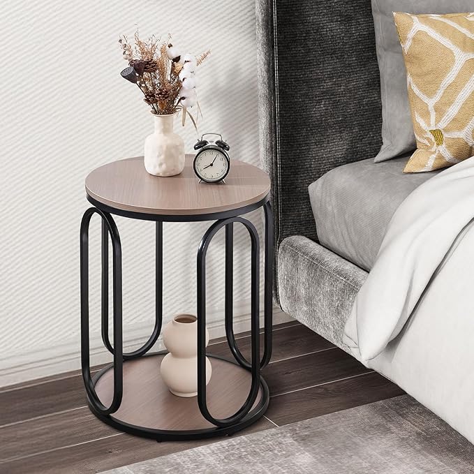 BECHAEO Small Side Table, 19.7" 2-Tier Round Bedside Table with Storage, Wood Industrial Design End Tables for Living Room, Bedroom, Office, Bathroom, Cream Brown