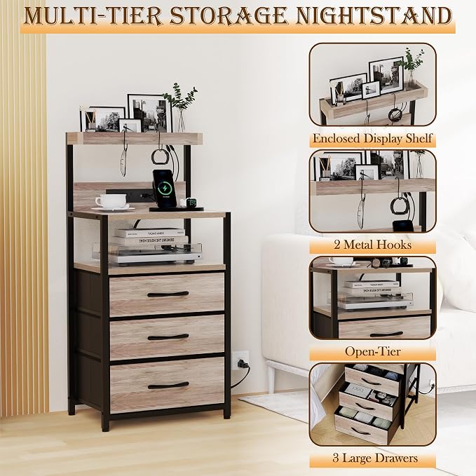 SZLHANJZ Nightstand Set of 2, Large Night Stand with LED Lights and Charging Station, 39-Inch Tall Bed Side Tables with Shelves, 3 Fabric Drawers Bedside Table for Bedroom, Greige - Image 6