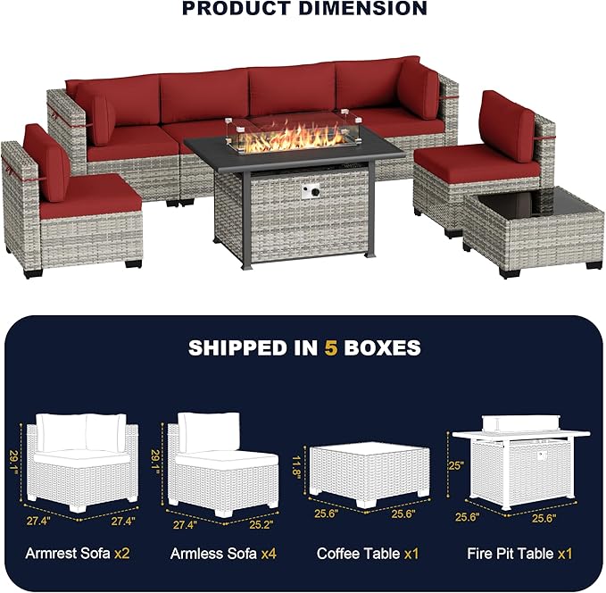 8-Piece Outdoor Patio Furniture Set with 55,000 BTU Fire Pit Table, PE Wicker Rattan Sectional Sofa Conversation Set - All-Weather Garden, Backyard Furniture, Red