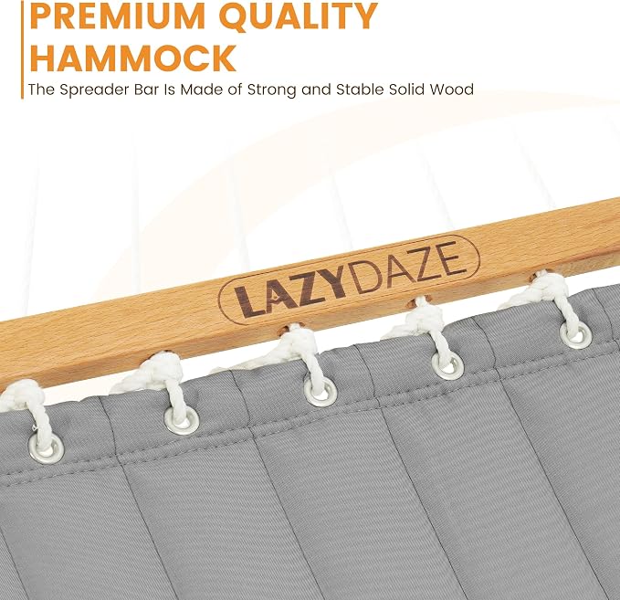Lazy Daze Hammocks 12 FT Double Quilted Fabric Hammock with Spreader Bar and Detachable Pillow, 2 Person Double for Outside Patio Backyard, 450lbs Capacity, Light Gray - Image 4