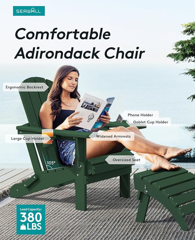 SERWALL Adirondack Chair with Cup Holders - Composite Adirondack Chairs Set of 6 HDPE Outdoor Chairs All Weather Use- Green - Image 3