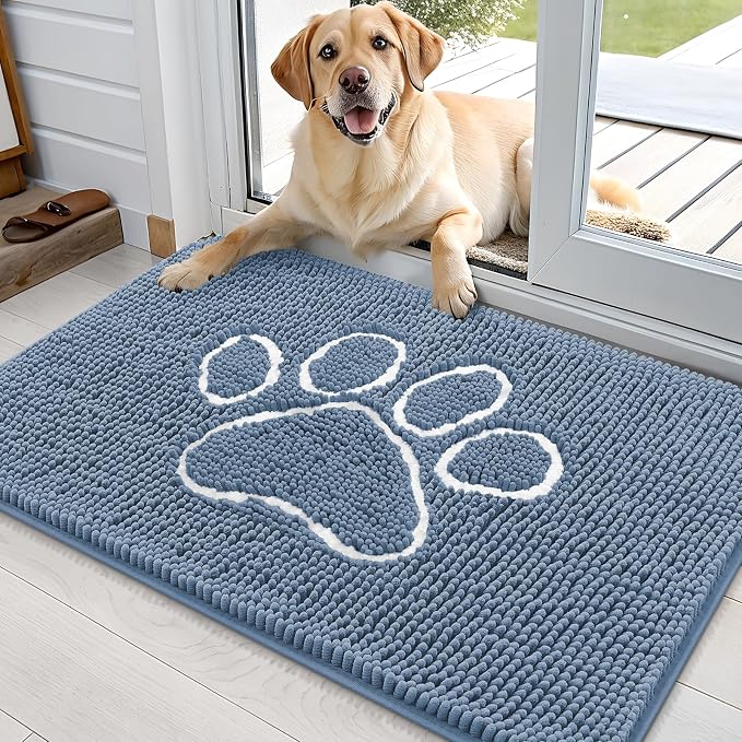 OLANLY Dog Door Mat for Muddy Paws 35x24, Paw Print Design, Absorbs Moisture and Dirt, Non-Slip Washable Doormat, Quick Dry Chenille Mud Mat, Entry Indoor Entryway Carpet, Airy Blue and White by OLANLY