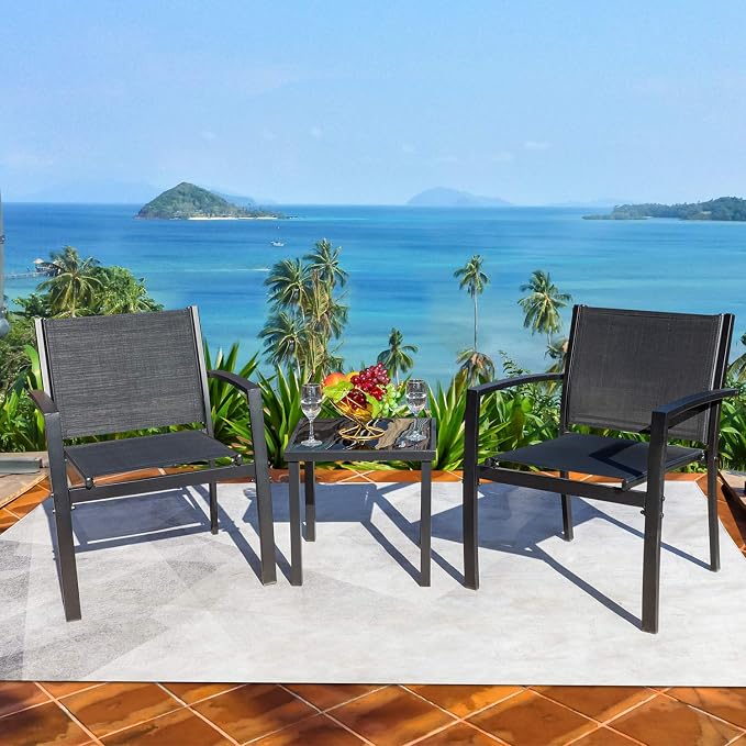 Homall 3 Pieces Patio Furniture Set Outdoor Patio Conversation Textilene Bistro Set Modern Porch Lawn Chairs with Coffee Table for Home and Balcony (Black) - Image 2