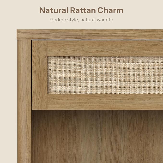 SICOTAS Night Stand 26" Wide Large Nightstands with Drawer & Shelf Storage Rattan Bedside Table Boho End Table Tall Bed Side Tables Night Stands for Bedroom Living Room Sofa Office Dorm, Amber Oak - Image 6