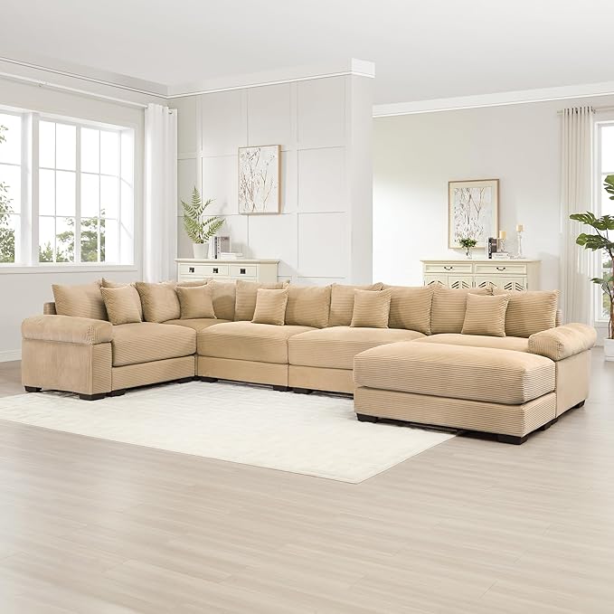 KEIKI 146" U-Shaped Oversized Corduroy Modular Cloud Sectional Sofa with 1 Ottoman, High-Density Foam Cushion, Extra-Thick Armrest, 5-Seater Fluffy Corner Couch with 18 Pillow, for Living Room, Camel