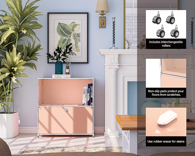 32.5-Inch Flip-Top Side Table & Buffet Cabinet with Detachable Wheels, Ample Storage, DIY Corner Bookshelf, Wall Shelf, Cube Organizer, Bedside Table – Modern Home Decor, Pink - Image 5
