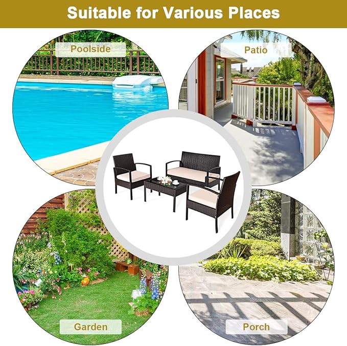 8 Pieces Patio Furniture Set, Wicker Conversation Set with Water-Resistant Cushion & Tempered Glass Table, 2 Set of Porch Deck Furniture Outdoor Rattan Chair for Backyard, Balcony(Beige)
