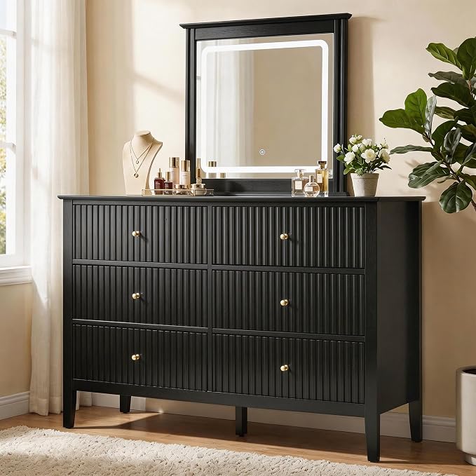 RoyalCraft Black Vanity Desk with Lighted Mirror, Fluted Makeup Vanity Table with 3 Lighting Modes, Modern Wood Dressing Table with 6 Drawers for Bedroom by Bringyoubetterlife