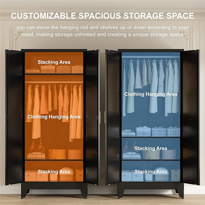 LCAOPC 71" Tall Metal Wardrobe Closet with Adjustable Shelves and Hanging Rod, 2 Doors Free Standing Armoire Wardrobe Cabinet for Bedroom, Office, Laundry Room, Black