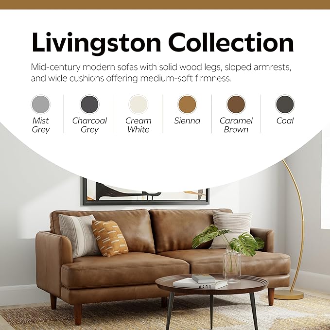 SIMPLIHOME Livingston Sofa - 76 inch Wide Top Grain Genuine Leather Sofa in Caramel Brown, Mid-Century Modern Loveseat for Living Room with Removable Feather-Wrapped Cushions and Solid Wood Frame