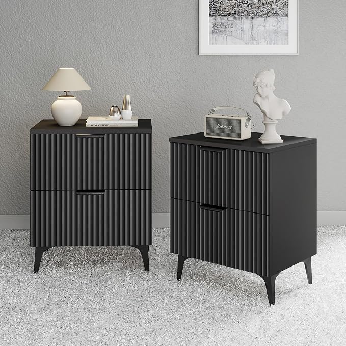 Wood Night Stand Set 2 Fluted Dresser for Bedroom 2 Drawers End Tables Nightstands Set of 2, Storage Modern Bedside Table Set of 2, Black Nightstand by Unknown