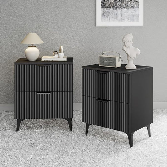 Wood Night Stand Set 2 Fluted Dresser for Bedroom 2 Drawers End Tables Nightstands Set of 2, Storage Modern Bedside Table Set of 2, Black Nightstand by Unknown
