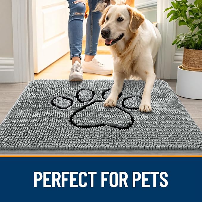 OLANLY Dog Door Mat for Muddy Paws 24x16, Paw Print Design, Absorbs Moisture and Dirt, Absorbent Non-Slip Washable Doormat, Quick Dry Chenille Mud Mat for Dogs, Entry Indoor Entryway Carpet, Grey - Image 6