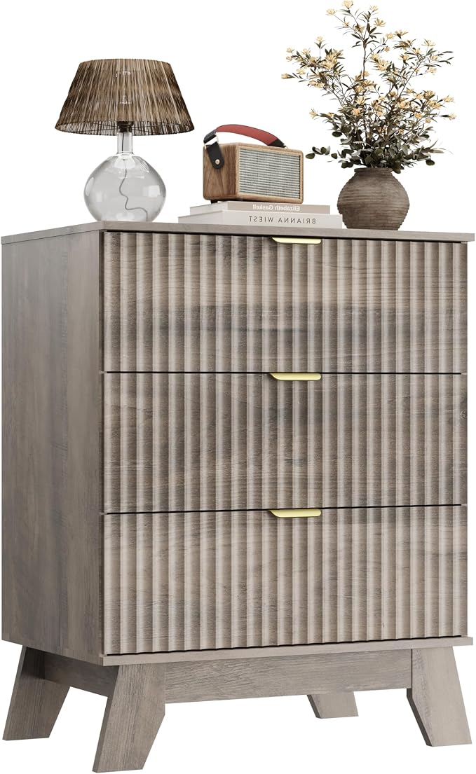 Wodeer Grey Night Stand with 3 Drawers, Bedside Table & End Table, 24" Wide Mid Century Modern Fluted Wood Nightstand with Metal Handles, Farmhouse Night Stands for Bedroom, Gray - Image 9