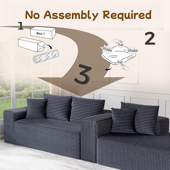 L-Shape Cloud Sectional Sofa, 104” Modern Modular Boneless Couch with Left Chaise Lounge, Compressed Floor Sofa with 5 Pillows & Deep Seat, Flannel Velvet Couch for Living Room, Dark Gray