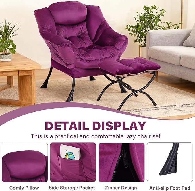 Lazy Chair with Ottoman, Modern Accent Chair Lounge Leisure Sofa Chair with Armrests, Reading Chair and Folding Footstool for Living Room, Bedroom, Office, Plush Pink