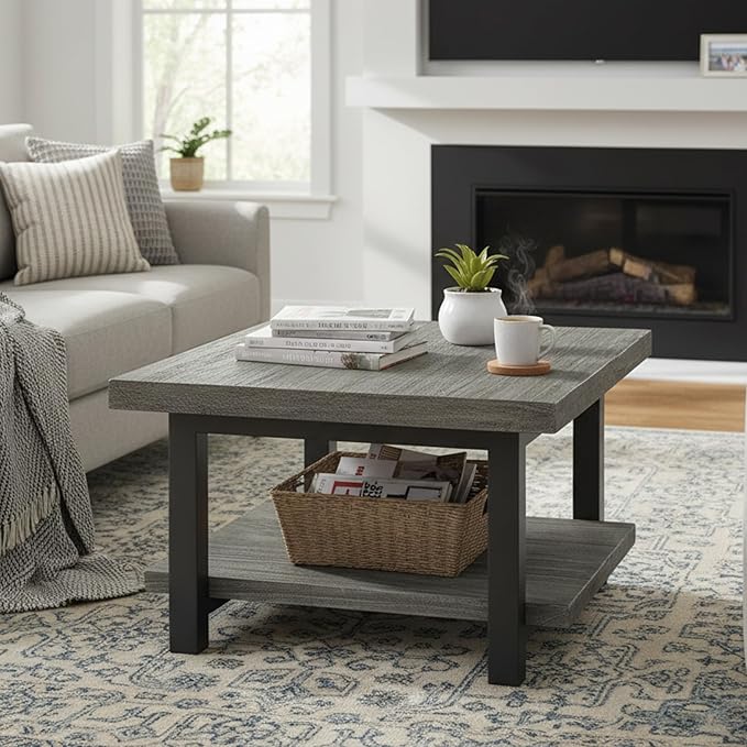 Alaterre Furniture Pomona Living Room Tables – 27 Inch Square Solid Wood Coffee Table with Metal Legs – Modern Rustic Industrial Small Space Table (Slate Grey)