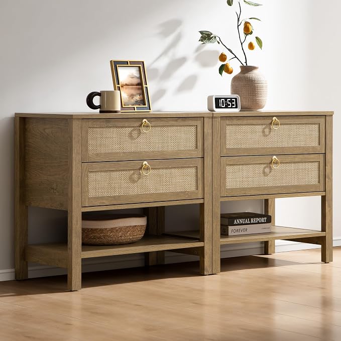 SICOTAS Night Stands Set of 2 for Bedroom, Large Bedside Tables with Drawer & Open Shelf, Wide Boho Rattan Nightstand Set Narrow Side Table for Master Bedroom by SICOTAS